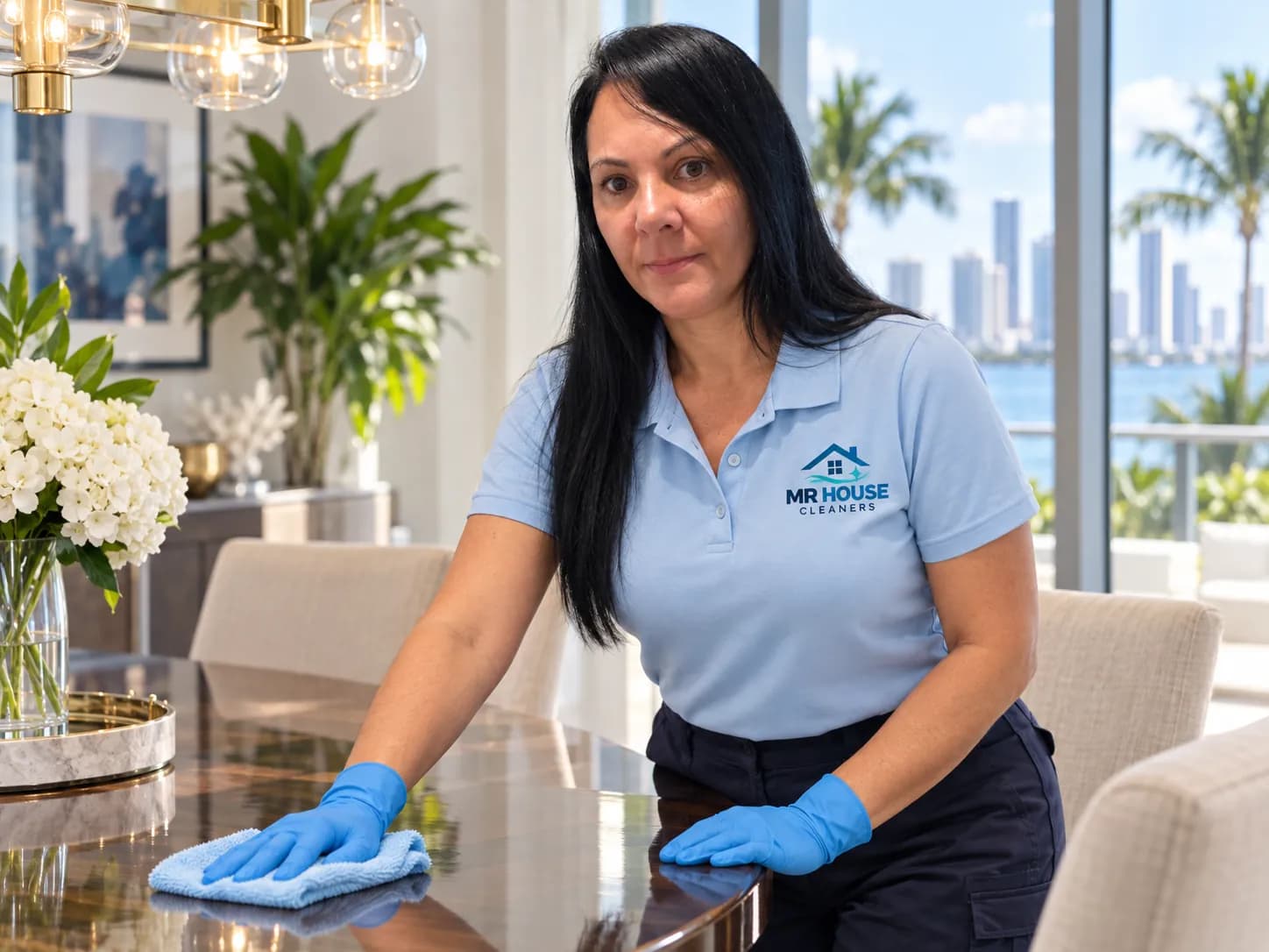 Andrea, owner of MR House Cleaners, wiping a dining table in a South Florida home